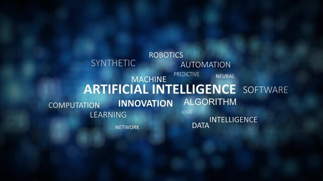 Artificial Intelligence Word Cloud Kinetic Typography Animation on Dark Blue Abstract Blurred Background, Stock Video Loop Representing Tech Innovation, Machine Learning, Robotic Automation, Computati