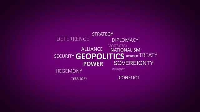 Geopolitics Word Cloud Kinetic Typography Animation on Purple Background, Stock Video Loop for Global Relations, International Power Dynamics, National Sovereignty, Hegemony, Strategic Alliances, Dipl