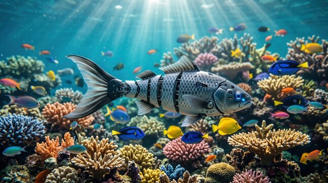 Advanced robotic fish swimming among colorful coral reefs and real fish under the sea