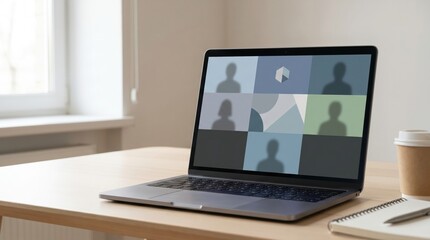 Fototapeta premium Laptop on a wooden desk showing a virtual meeting screen with blank user avatars