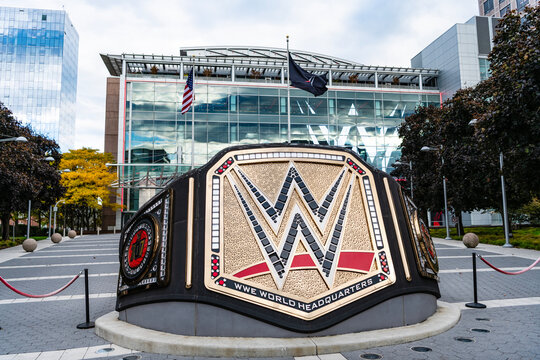 Miami, Florida, USA - October 22, 2025: WWE Universal Championship belt sculpture. WWE logo. Main headquarters in US. WWE World Wrestling Entertainment