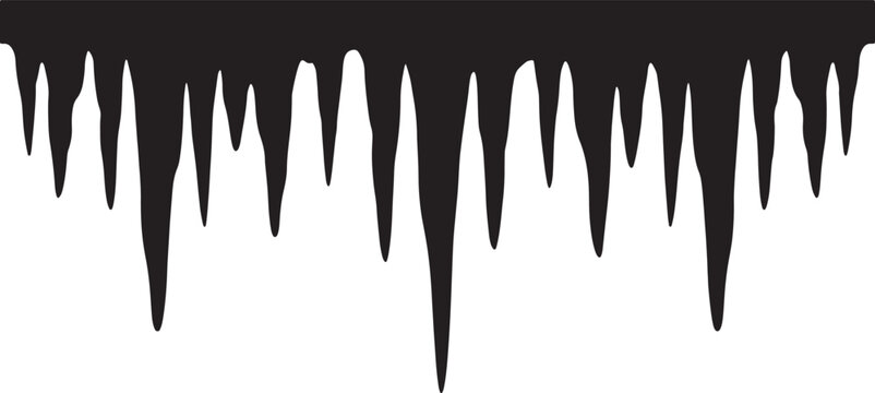 Black silhouette of hanging icicles, border with sharp pointed drips isolated on a plain white background, also transparent background