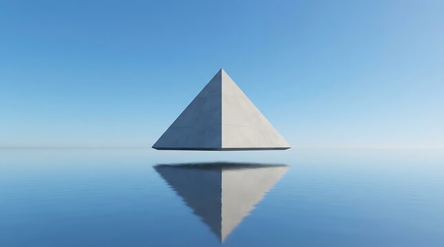 Floating concrete pyramid structure above mirror like water with concrete floating reflection minimalist architecture