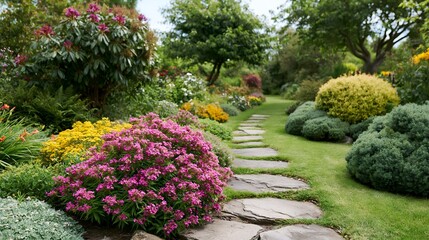 Obraz premium Stone path meanders through colorful flowering garden with tall trees.
