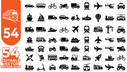 Transportation and Logistics Icon Set with 54 Vehicle Vector Glyphs for Transit, Shipping, and Delivery Design © MS Studio1