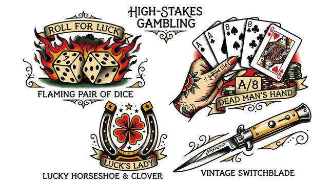 Classic gambling icons featuring flaming dice and poker cards.