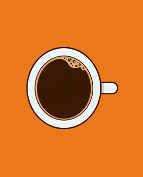 cup of joe sits centered against a vibrant backdrop. This morning brew or java serves as a minimalist, featuring dark liquid and small bubbles in a simple white mug.
