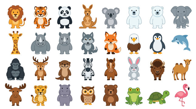 Colorful cartoon animal stickers and character set.