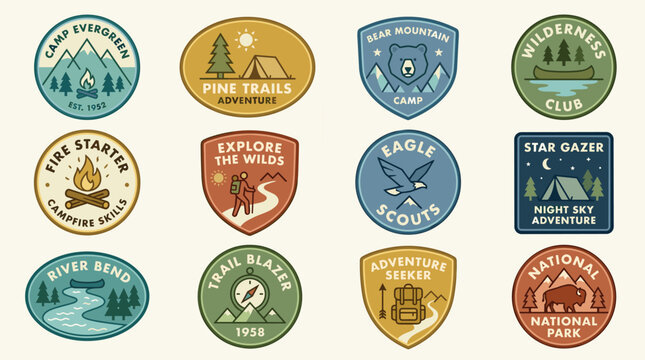 Colorful collection of outdoor adventure and scouting badges.