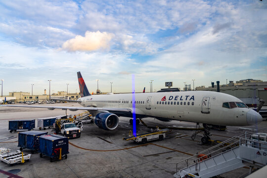 Chicago, Illinois, USA - June 12, 2025: Delta airline airplane terminal. Travel by plane. Airport terminal. Aviation. Plane arrival of Delta airline. Departure and arrival at airport terminal.