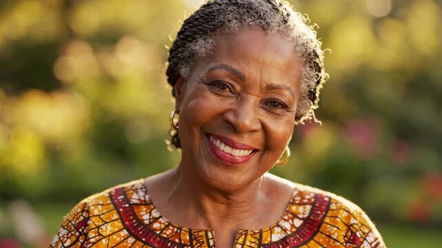 Happy senior woman smiling outdoors in a garden setting during daylight hours with vibrant flowers in the background