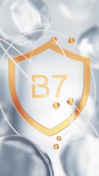 Biotin Vitamin B7 golden shield symbol in 3D animation. Keratin synthesis molecular structure background with transparent liquid cells for hair, skin and dermatology video