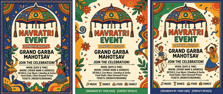 Navratri Grand Garba Mahotsav Event Posters: Three vibrant and colorful posters announce a Navratri event, featuring traditional Indian motifs, a grand umbrella.
