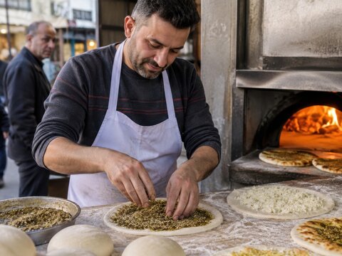 Syrischer B&auml;cker belegt beliebtes Manakish mit aromatischem Za&rsquo;atar und K&auml;se vor dem Backen im hei&szlig;en Holzofen &ndash; authentische Zubereitung von traditionellem Streetfood.