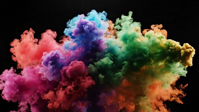 Multicolor smoke and cloud rising on black background with bright colors in distinct shapes