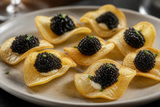 Mini potato chip cups topped with caviar on serving platter
