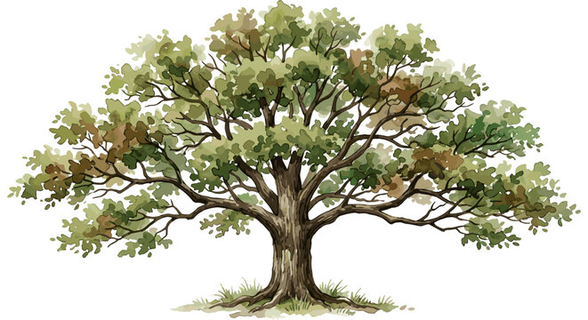 Majestic watercolor oak tree with lush green leaves and strong branches