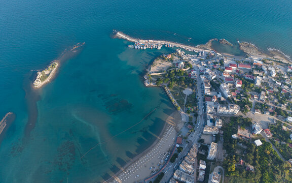 Aerial View of Yumurtalık Castle in Adana Turkey Featuring Medieval Coastal Fortress and Mediterranean Sea Landscape