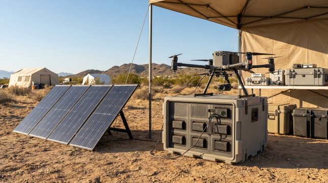 Commercial drone on charging station powered by portable solar panels in desert camp