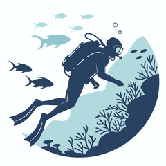 Scuba diver swimming near tropical coral reef underwater illustration © Hazrot