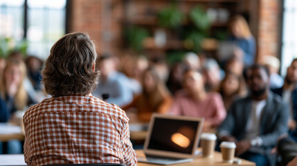 Obraz premium Faceless presenter addressing a seated audience in a bright brick walled loft during a workshop soft daylight and clean interior distant composition business training seminar