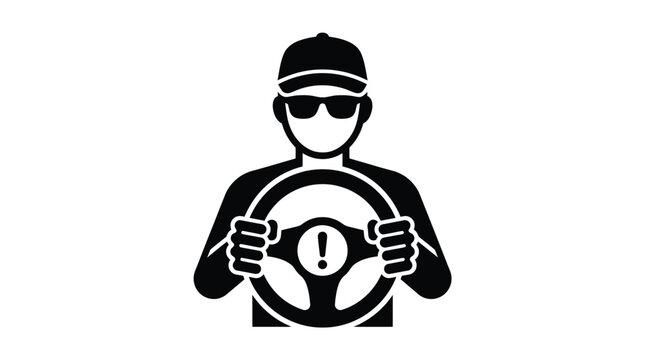 Minimalist black icon of a driver wearing a baseball cap holding a steering wheel with exclamation