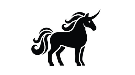 Fototapeta premium Elegant black silhouette of a majestic unicorn with a flowing mane and sharp spiraled horn