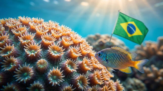 Small fish swims near coral reef with Brazilian flag waving underwater 