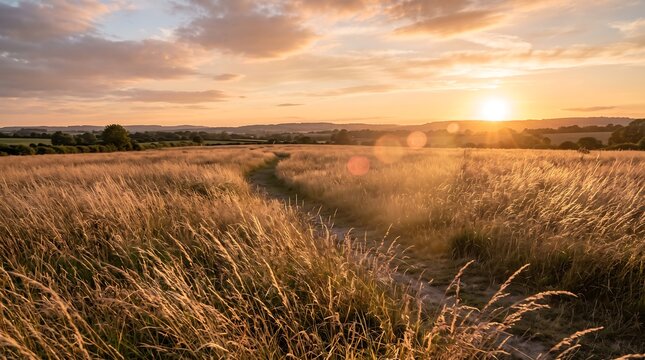 Golden sunset over rural meadow landscape, winding dirt path through tall grass field, scenic countryside horizon at dusk with lens flare