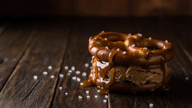 Caramel sauce dripping down a salted pretzel ice cream sandwich on a dark wooden table