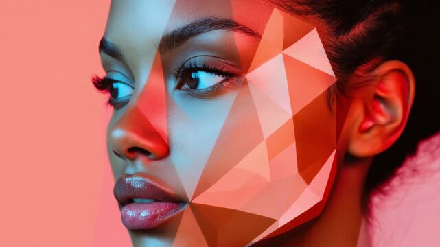 Stylized woman face with geometric polygon overlay in warm pink tone, abstract modern portrait, artistic design, creative beauty, digital art.