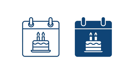Fototapeta premium Blue calendar icons featuring a birthday cake with two candles in a flat vector style