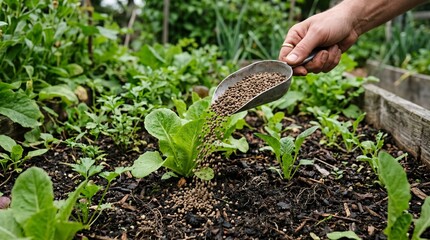 Fototapeta premium Man applies organic pest control pellets to vegetable garden soil. Farmer protecting lettuce plants from slugs and snails using eco-friendly repellent. Agricultural pest management technique