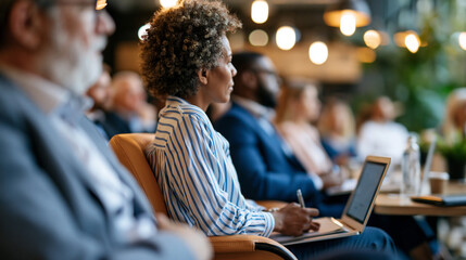 Obraz premium Faceless attendees seated listening attentively during a bright seminar in a modern office soft daylight and shallow focus distant composition business seminar training
