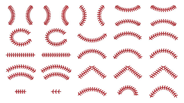 Detailed red baseball stitches arranged in various curved and straight patterns for sports graphic design