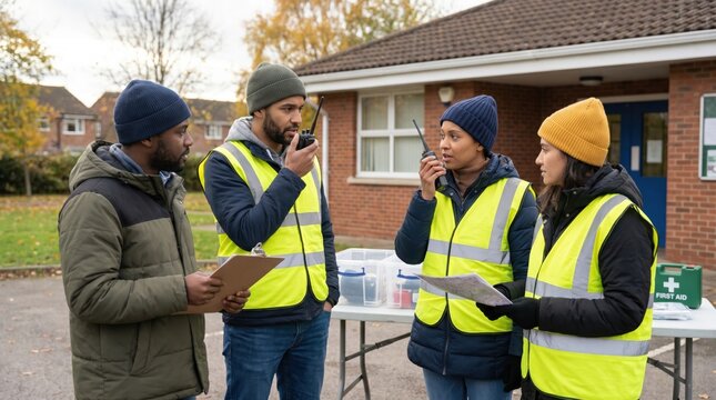 Diverse team of community volunteers in safety vests coordinating with walkie talkies