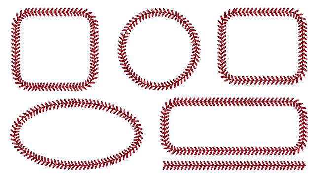Set of decorative geometric frames formed by red baseball stitching patterns on a white surface