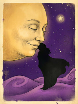 Mystical moon lady and her shadow spirit share a tender moment amidst a cosmic swirl. This celestial and midnight figure float through a starlit purple expanse.
