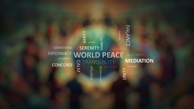 World Peace Word Cloud Kinetic Typography Animation on Soft Blurred Globe Background, Stock Video Loop Representing International Diplomacy, Mediation, Serenity, Tranquility, Global Unity, Coexistence