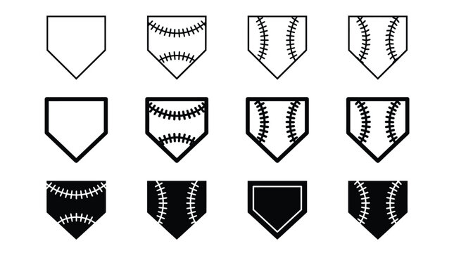 Set of black and white baseball home plate icons with various stitching styles and designs
