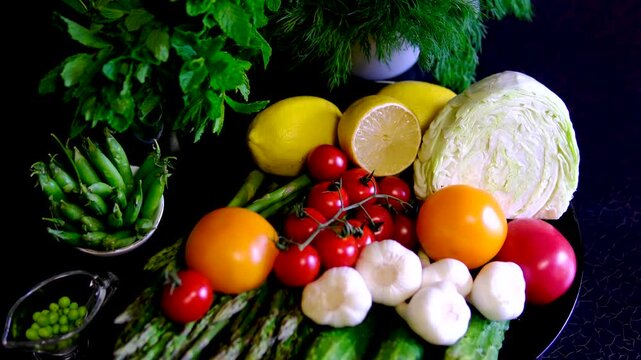 Colorful harvest vegetables with red and yellow cherry tomatoes asparagus cabbage and lemon on black plate
