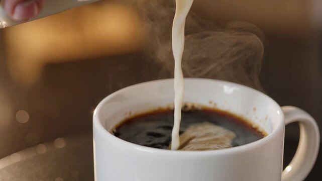 Close-up of hand pouring creamy milk into steaming hot coffee, illustrating morning ritual and comfort.