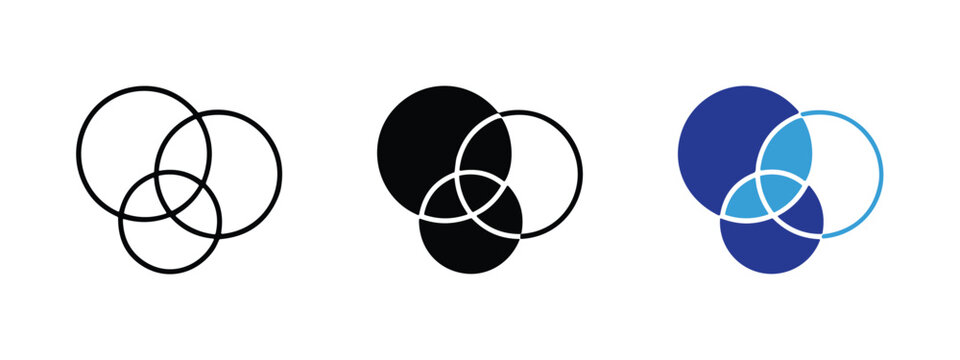 Three intersecting circles in outline, solid black, and blue gradient styles