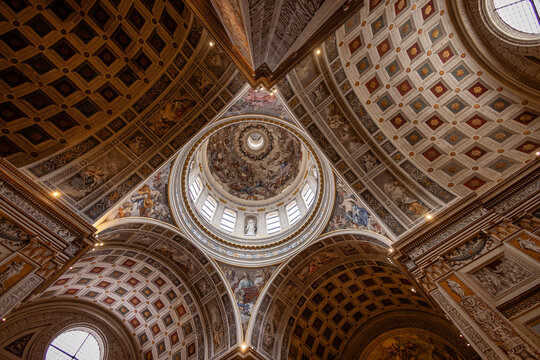 Basilica di Sant'Andrea dome and intricate ceiling frescoes in Mantua, Italy