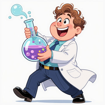 Laughing scientist with curly hair holds bubbling mega test tube, wearing clean lab coat.