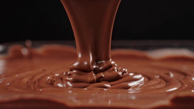 Chocolate pours in a smooth swirl pattern creating a rich look in a close-up shot