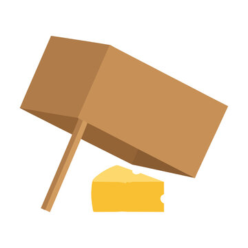 Simple cardboard box trap propped up by a wooden stick with a yellow cheese wedge bait isolated on white. Business trap and lure concept