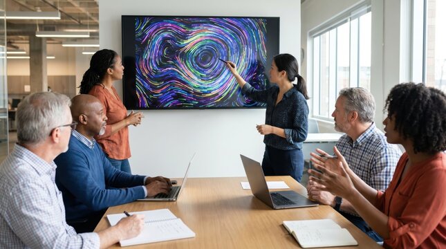 Diverse business team analyzing data visualization on a large screen