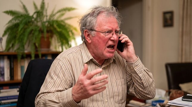 Angry senior man having a heated telephone conversation at home
