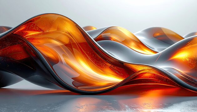 Sculptural amber and chrome glass waves on gray studio.